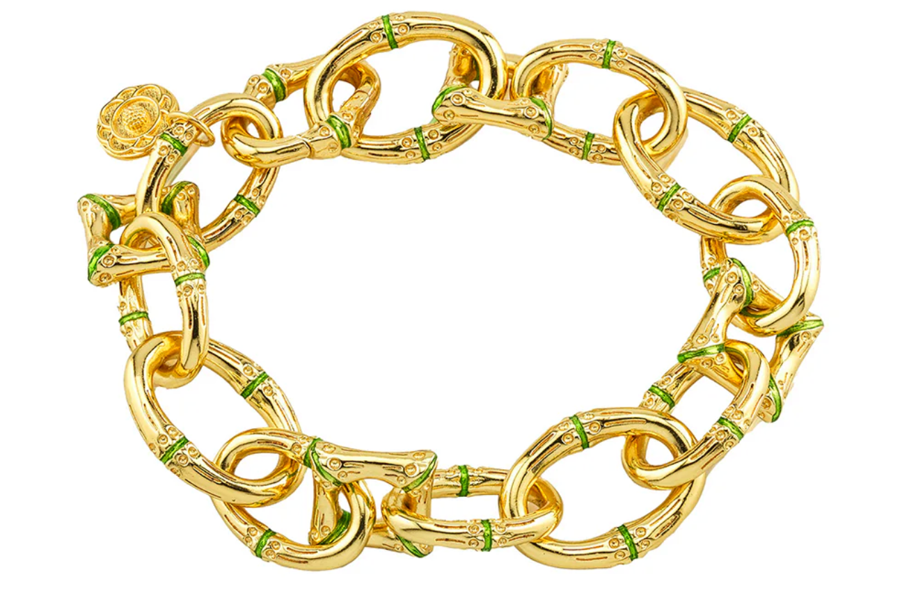 Bangkok Bamboo Link Bracelet, 7.25" - Gold/Green Enamel